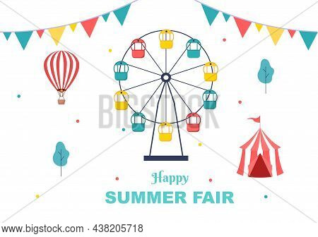 Summer Fair With Carnival, Circus, Funfair Or Amusement Park. Landscape Of Carousels, Roller Coaster