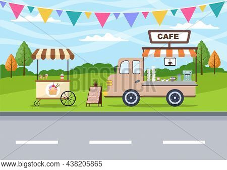 Summer Fair With Carnival, Circus, Funfair Or Amusement Park. Landscape Of Carousels, Roller Coaster