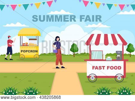Summer Fair With Carnival, Circus, Funfair Or Amusement Park. Landscape Of Carousels, Roller Coaster