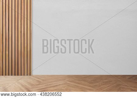Empty minimal room interior design with fishbone flooring