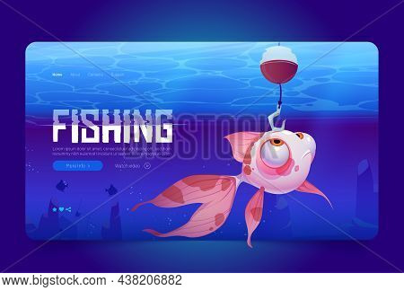 Fishing Cartoon Landing Page, Cute Fish Looking On Hook Underwater Sea View, Funny Character Catch B
