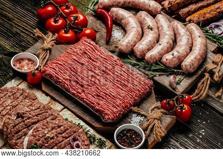 Assortment Of Raw Meat Products, Different Parts Of The Body. Minced Beef Meat Kebabs, Pork, Beef, C