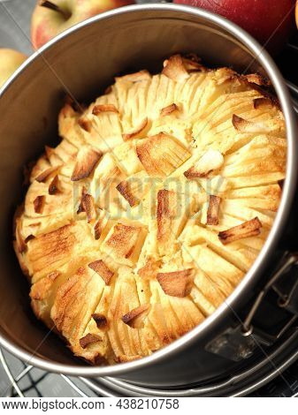 A Delicious Homemade Apple Pie In A Springform Pan With Fresh Organic Apples, Seasonal Food, Autumn 