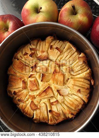 A Delicious Homemade Apple Pie In A Springform Pan With Fresh Organic Apples, Seasonal Food, Autumn 