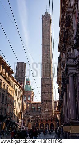 Bologna - Italy - February 20, 2021: Famous Italian Medieval Tower Asinelli In Bologna. Torre Degli 