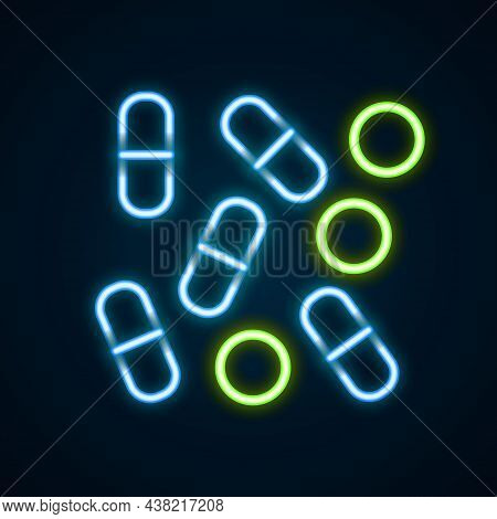 Glowing Neon Line Medical Pill Bottle Biohacking Icon Isolated On Black Background. Pharmacy Biohack