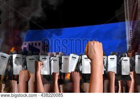 Riot Stopping Concept - Protest In Donetsk Peoples Republic On Flag Background, Police Officers Stan