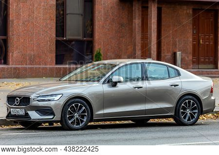 Moscow; Russia - October 15; 2021: Gray Volvo S60    Is Parked  On The Street On A Warm  Day Against