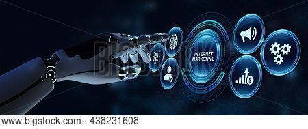 Internet Marketing Digital Online Advertising Automation. Robot Pressing Button On Virtual Screen. 3