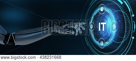 It Consultant Presenting Tag Cloud About Information Technology. Robot Pressing Button On Virtual Sc