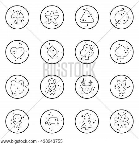 Set Of Candies Dalgona With Various Shapes. Ppopgi Pattern. Vector Flat Outline Illustration