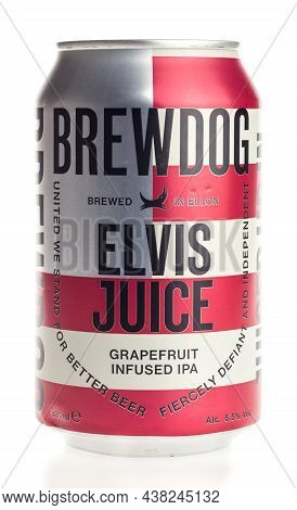 Groningen, Netherlands - October 31, 2021: Can Of Scottish Brewdog Elvis Juice Beer Isolated On A Wh