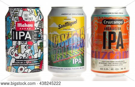 Groningen, Netherlands - October 31, 2021: Cans Of Spanish Mahou, San Miguel And Cruzcampo Ipa Beers