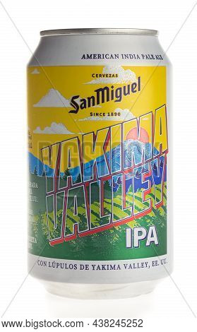 Groningen, Netherlands - October 31, 2021: Can Of Spanish San Miguel Yakima Valley Ipa Beer Isolated