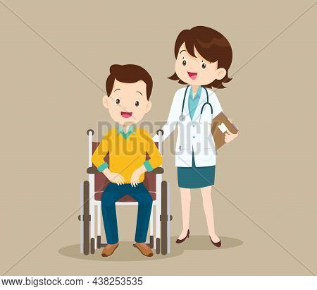 Patient Man Sit On A Wheelchair With Doctor Take Care.careful Caregiver Taking Care Of The Patient