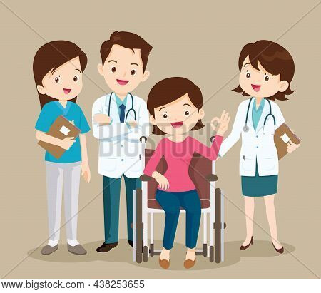 Patient Man Sit On A Wheelchair With Doctor Take Care.careful Caregiver Taking Care Of The Patient