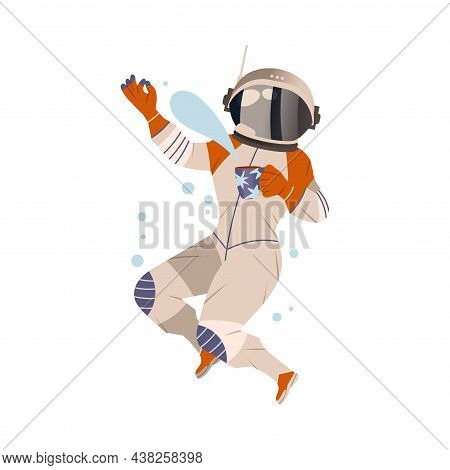 Spaceman Or Astronaut Man Character In Space Suit On The Moon Floating With Mug Of Tea Vector Illust