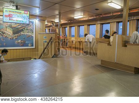 Kinaliada, Istanbul, Turkey - 07.30.2021: Interior Of One Of The Passenger Ships Of Marmara And Peop