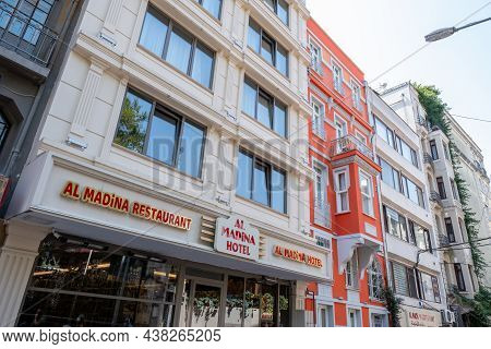 Beyoglu, Istanbul, Turkey - 08.03.2021: Al Madina Hotel And Restaurant Buildings Near Istiklal Stree