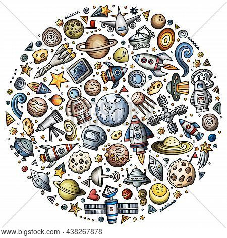Colorful Vector Hand Drawn Set Of Spacel Cartoon Doodle Objects, Symbols And Items. Round Compositio