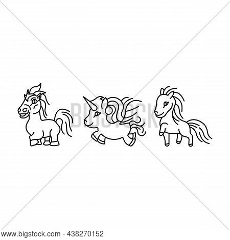 Collection Of Cute Cartoon Unicorns,little Cute Cartoon Pony Set, Outline Horses Icons Set
