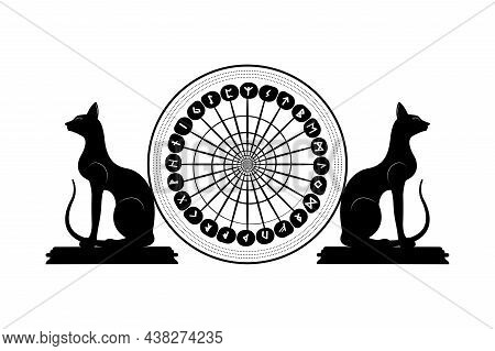 Set Of Old Norse Runes Circles And Sacred Black Cats. Runic Wheel Alphabet, Futhark. Ancient Occult 