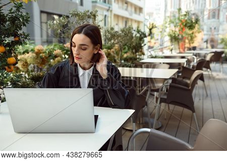 Online Business And Distant Work Concept. Beautiful Concentrated Freelance Woman, Young Business Per