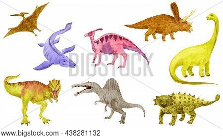 Dinosaurs Set Isolated On White. Tyrannosaurus, Spinosaurus, Pteranodon, Ankylosaurus, Mosasaurus. W