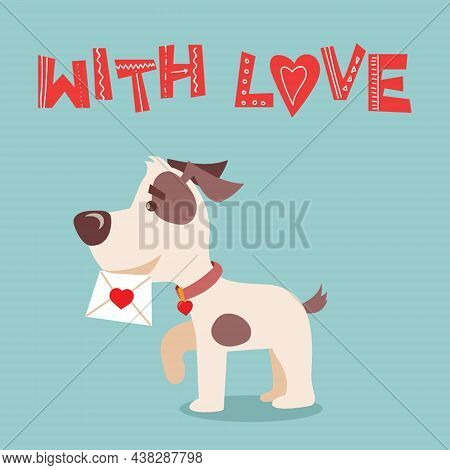 Vector Illustration Set Of Cute And Funny Cartoon Valentine Dogs-pupies In Love With Heart, Rose, Wi