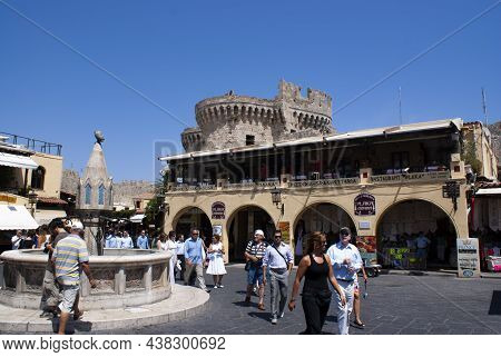 Rhodes Town - Greece - August 19 2009 : View Of Bustling Hippocrates Square  Historic Unesco World H