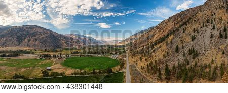 Aerial View Of Scenic Road, Hwy 3, In The Valley Around The Canadian Mountain Landscape. Near Osoyoo