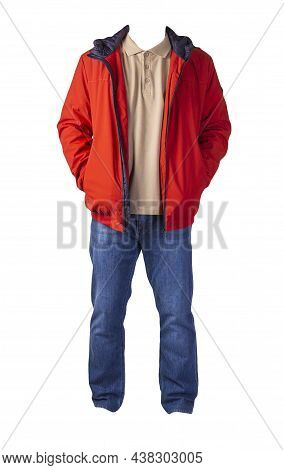 Red Jacket,beige Shirt And Blue Jeans Isolated On White Background. Casual Fashion Clothes