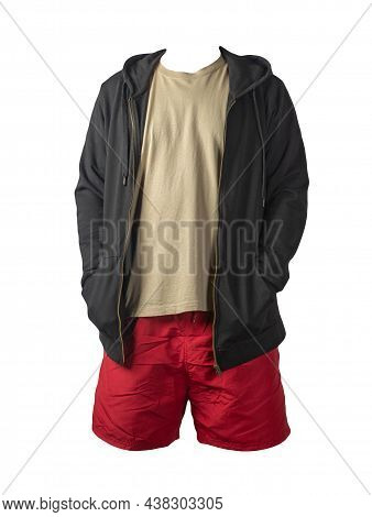 Black Sweatshirt With Iron Zipper Hoodie,biige T-shirt And Red Sports Shorts Isolated On White Backg