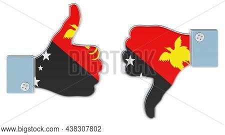 Papuan New Guinean Flag Painted On The Hand With Thumb Up And Thumb Down. Like And Dislike In Papua 