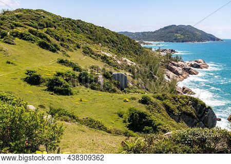 Beach View With Waves, Rocks And Vegetation