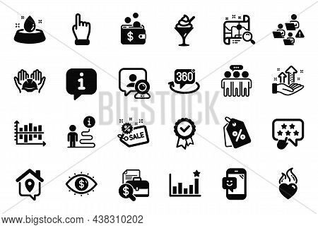 Vector Set Of Business Icons Related To Water Bowl, 360 Degree And Tested Stamp Icons. Click Hand, T