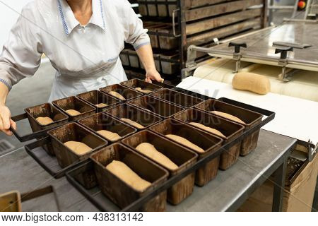 The Baker Fills A Baking Dish With Dough. Bread Production Stage In A Small Bakery