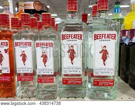 A Display Of Bottles Of Beefeater Gin  At A Binneys Liqour Store In Springfield, Illinois.