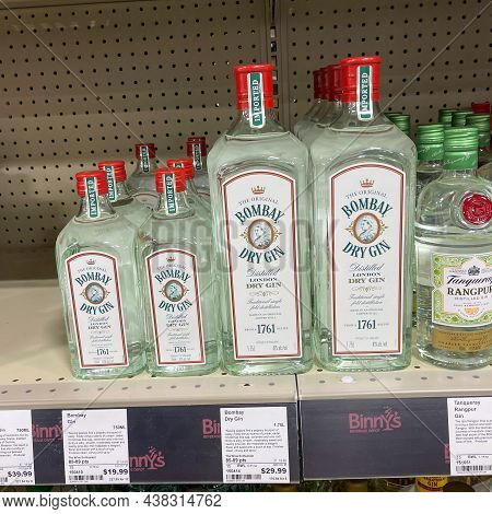 A Display Of Bottles Of Bombay Dry Gin  At A Binneys Liqour Store In Springfield, Illinois.