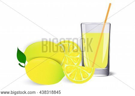 Colorful Lemon On White Background. A Glass Of Lemonade. Lemon Wedges, Whole Lemon. Vector Illustrat