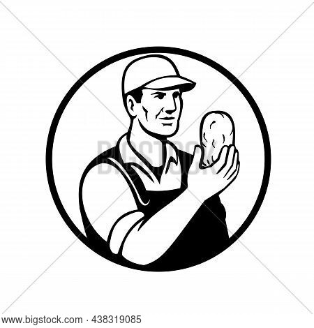 Mascot Illustration Of An Organic Farmer Or Potato Grower Holding Up A Potato Viewed From Front Set 