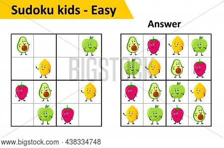 Sudoku Kids Game With Answers. Cute Fruit Characters In 4x4. Game For Small Children.