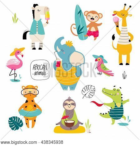 Cute African Animal Enjoying Hot Summer Activity Eating Ice Cream And Surfboarding Vector Set