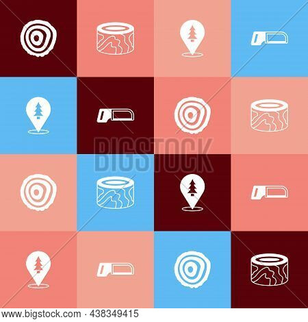 Set Pop Art Tree Rings, Wooden Logs, Location Of The Forest And Hacksaw Icon. Vector