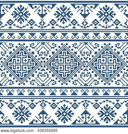 Zmijanski Vez Retro Vector Folk Art Seamless Pattern - Styled As Cross-stitch Design From Bosnia And