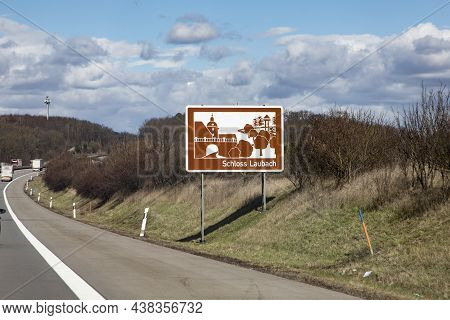 Holzheim, Germany - March 16, 2021: German Highway On A Sunny Day With Soft Clouds At Laubach Castle