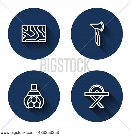 Set Line Wooden Beam, Axe, Grapple Crane Grabbed Log And Electric Circular Saw With Long Shadow. Blu
