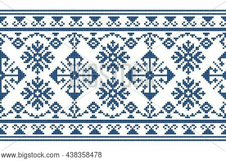 Zmijanski Vez Traditional Cross Stitch Style Vector Seamless Pattern - Long Horizontal Design Inspir