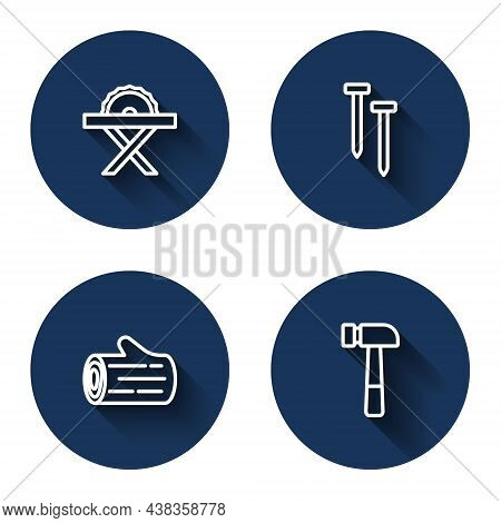 Set Line Electric Circular Saw, Metallic Nails, Wooden Log And Hammer With Long Shadow. Blue Circle 