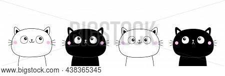 Black White Cat Face Head Line Contour Silhouette Icon Set. Four Funny Kawaii Smiling Sad Doodle Ani